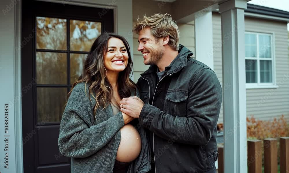 Loving Husband Embracing Pregnant Wife at Home Entrance During Cozy Autumn Loving Husband Embracing Pregnant Wife at Home Entrance During Cozy Autumn