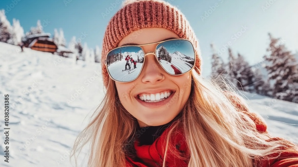 Smiling woman in winter gear enjoying a sunny ski day on the slopes with friends in a snowy mountain landscape Smiling woman in winter gear enjoying a sunny ski day on the slopes with friends in a snowy mountain landscape