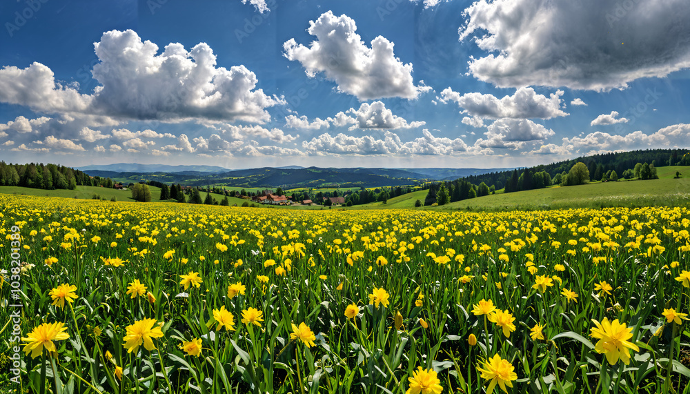 Obraz premium Champs de fleurs sous un ciel nuageux