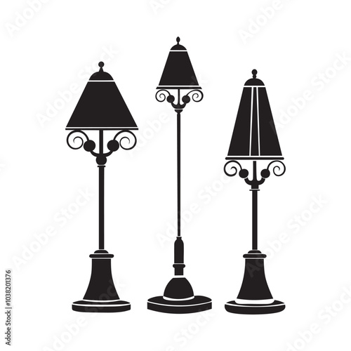 Lamp silhouette icon set. Black color logos floor lamp, nightlights, chandeliers ceiling lamp, table lamp. Modern interior light furniture