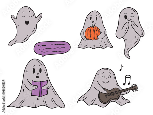 Set of different ghosts. Hand drawn vector flat illustration. Female, singing, playing guitar spook, holding pumpkin in witch's hat. Halloween characters, decorations, greeting card design, sticker