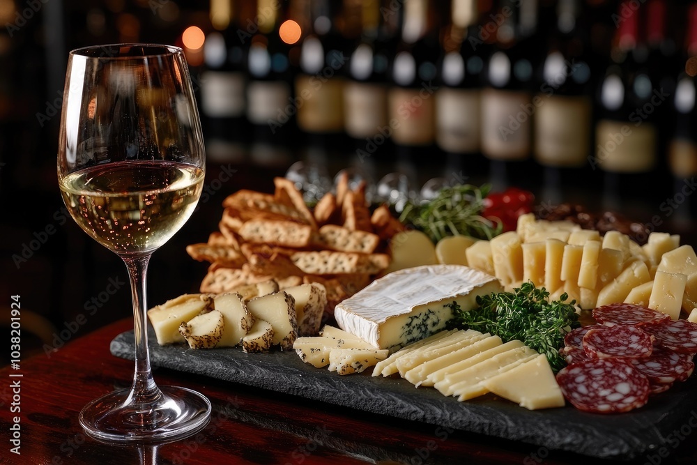Glass of white wine accompanying cheese board with variety of cheeses Glass of white wine accompanying cheese board with variety of cheeses