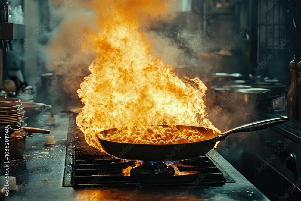 Large flames engulfing pan while cooking in restaurant kitchen Large flames engulfing pan while cooking in restaurant kitchen