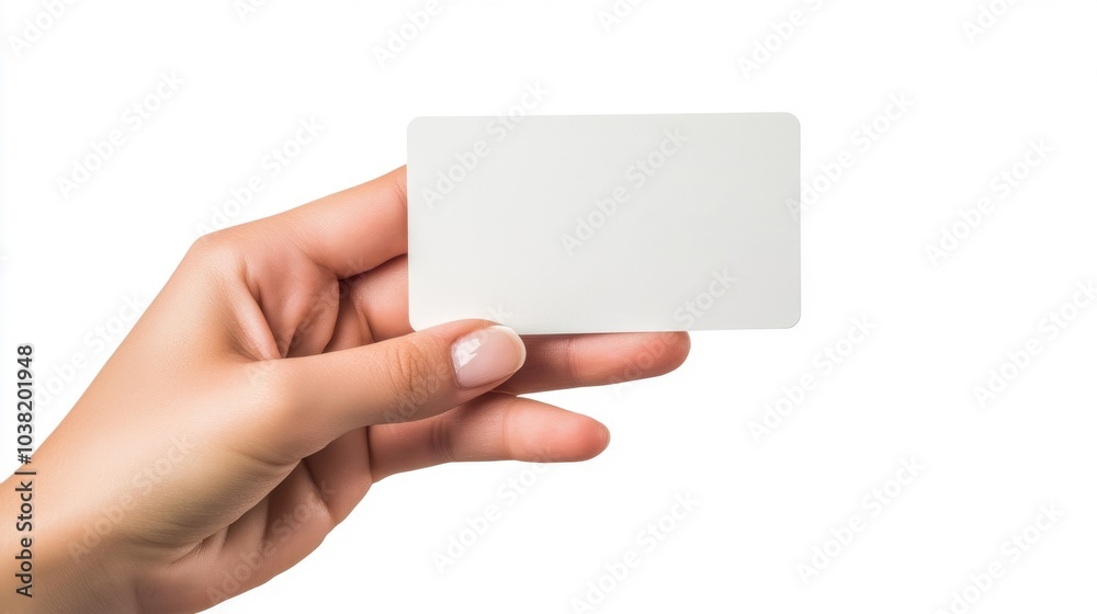 A person holding a blank card in their hand against a plain white background . Mock-up A person holding a blank card in their hand against a plain white background . Mock-up