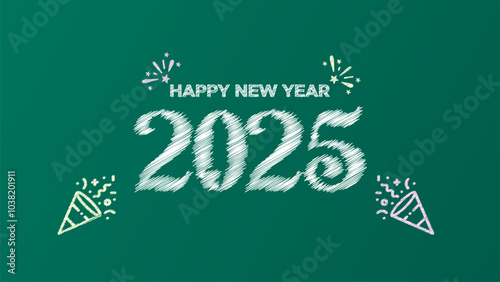 Happy new year 2025 write with chalk on school board. school celebrate new year 2025 design.
