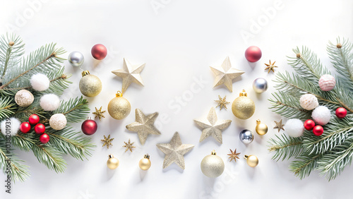 White Сhristmas background with gold silver festive decor, garland, ball, spruce pine branch, star, frame, wreath. Merry Christmas and Happy New Year greeting card, seasonal winter holiday collection.