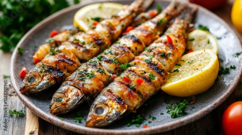 Grilled Sardines with Lemon on Wooden Background