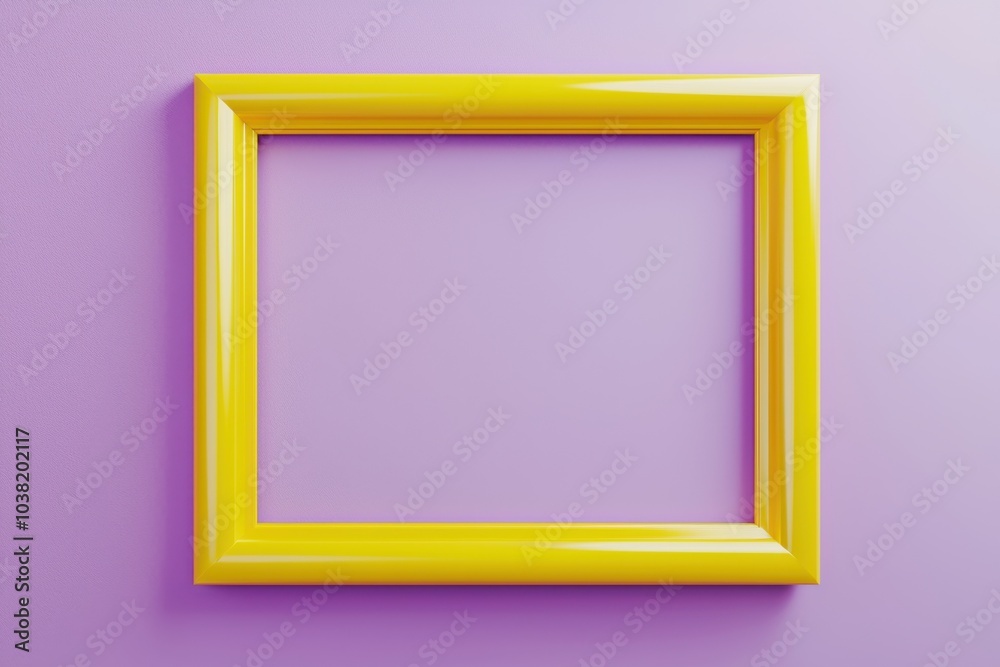 A bright yellow picture frame against a soft purple background, designed for showcasing artwork or photographs. A bright yellow picture frame against a soft purple background, designed for showcasing artwork or photographs.