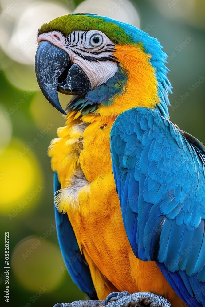 Fototapeta premium Blue-and-yellow macaw posing with bright blue and yellow feathers
