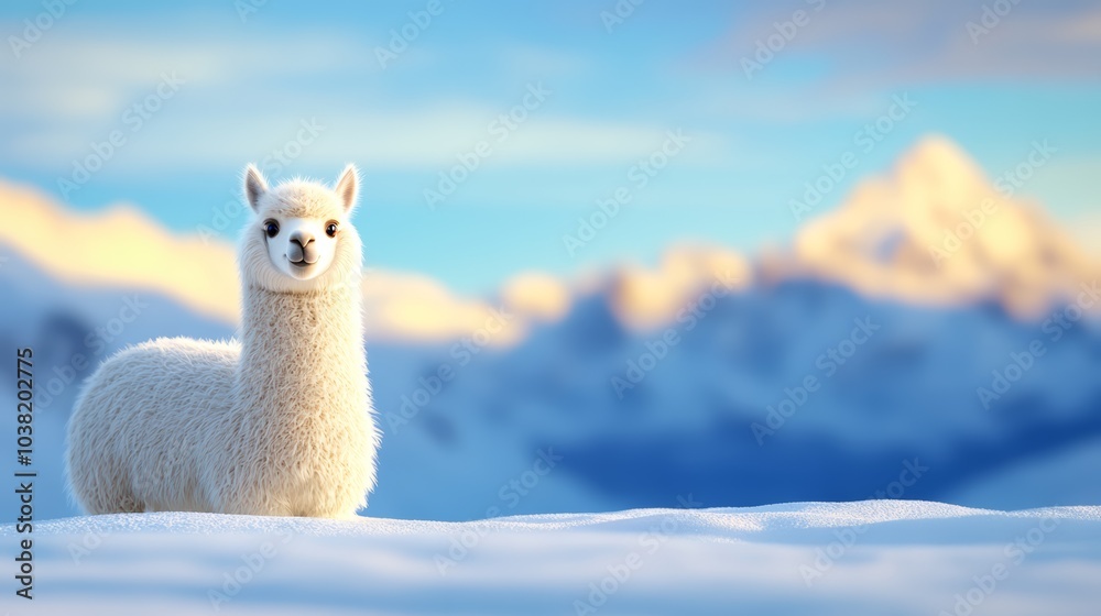 Fototapeta premium Fluffy white alpaca standing in a serene snowy landscape with mountains in the background.