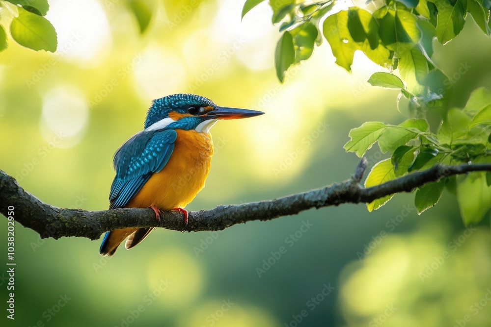 Obraz premium Common kingfisher perched on branch enjoying sun