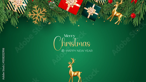 Merry Christmas, Happy New Year with christmas tree and balls. Realistic 3d elegant style. Winter Christmas background. Vector illustration
