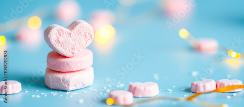 pink heart-shaped marshmallows on a blue background