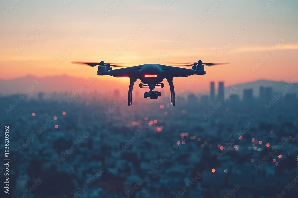 Drone flying over city during golden hour sunset Drone flying over city during golden hour sunset