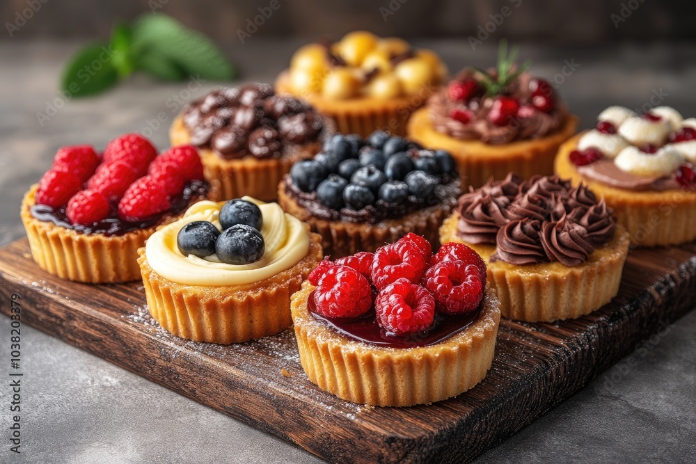 Delicious assortment of mini tarts resting on wooden board