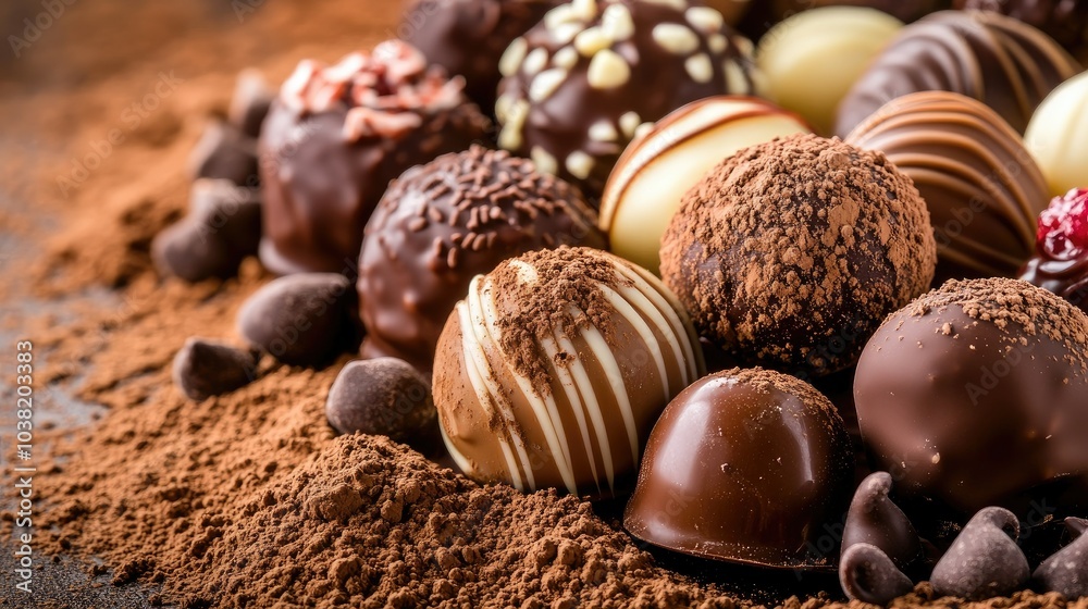 Close-up of chocolate truffles on a plate, with rich chocolate coatings and various toppings, surrounded by scattered cocoa powder. --chaos Close-up of chocolate truffles on a plate, with rich chocolate coatings and various toppings, surrounded by scattered cocoa powder. --chaos