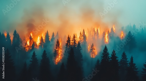 Forest fire engulfing trees, smoke rising in a dramatic display of nature's power.