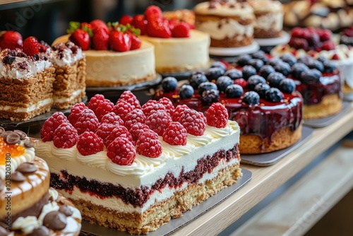 Delicious cakes with fresh fruit being displayed in bakery window