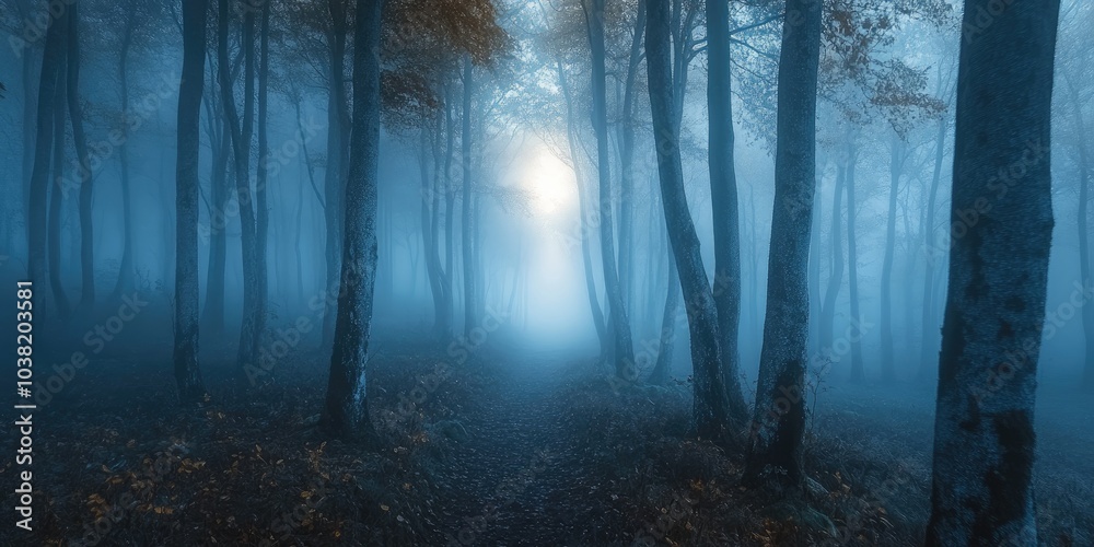 Obraz premium Path leading through a dark and foggy forest at night
