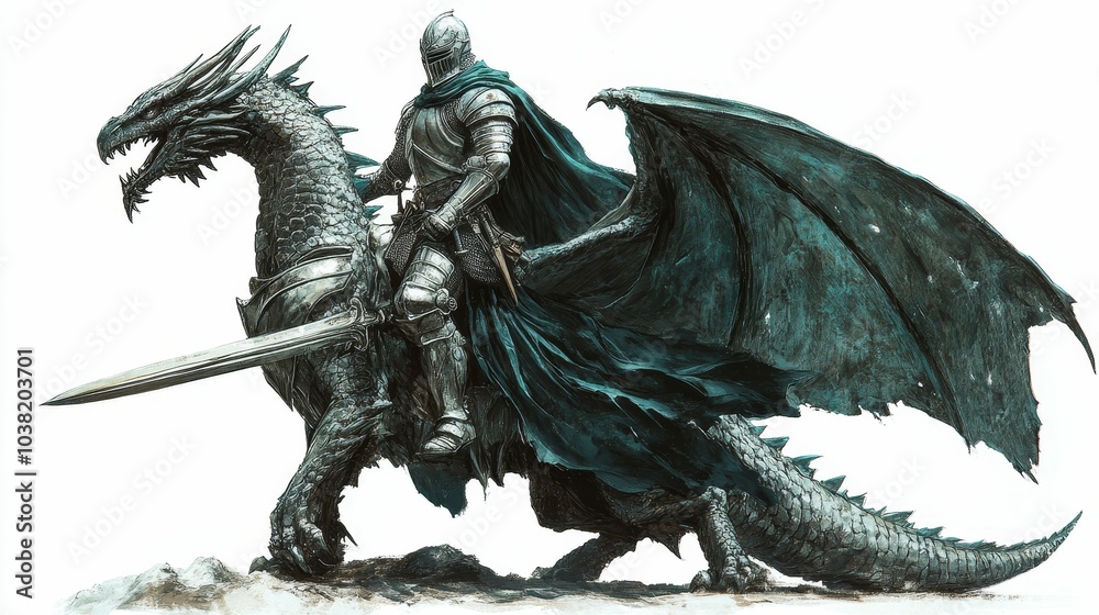 Fototapeta premium Illustration for a knight in shining armor riding a dragon