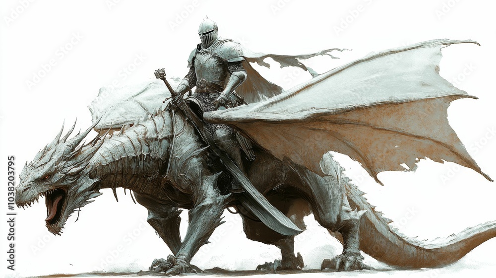 Fototapeta premium Illustration for a knight in shining armor riding a dragon
