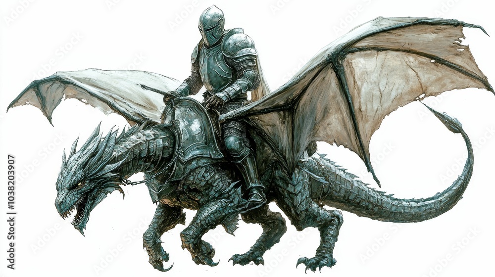 Illustration for a knight in shining armor riding a dragon