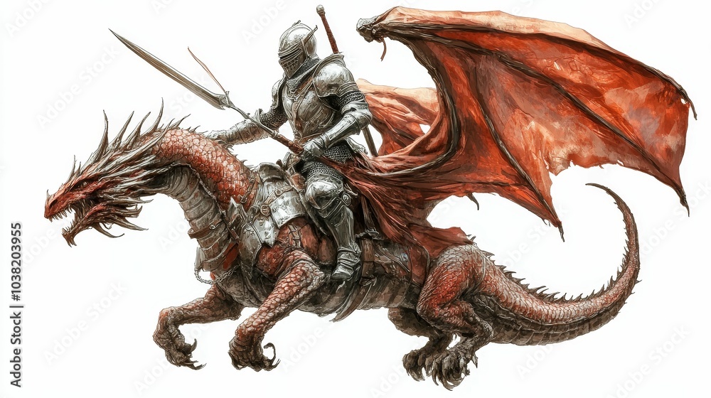 Illustration for a knight in shining armor riding a dragon Illustration for a knight in shining armor riding a dragon