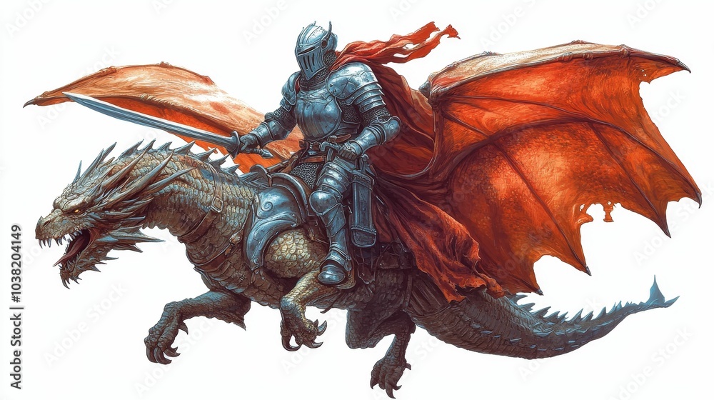 Illustration for a knight in shining armor riding a dragon