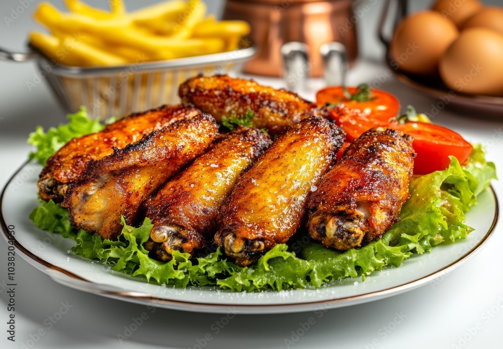 Deliciously crispy chicken wings served with fresh lettuce tomatoes and golden french fries for a perfect meal experience Deliciously crispy chicken wings served with fresh lettuce tomatoes and golden french fries for a perfect meal experience
