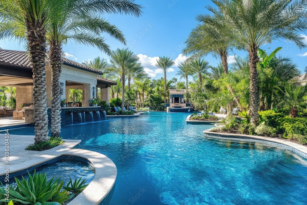 Obraz premium Modern backyard with infinity pool overlooking desert landscape