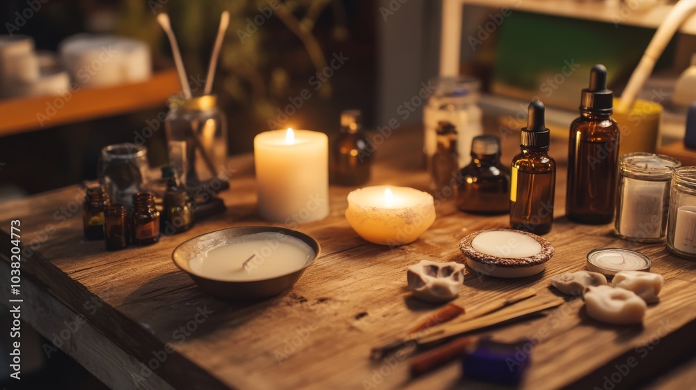 A cozy candle-making station in a home workshop, Wax, molds A cozy candle-making station in a home workshop, Wax, molds