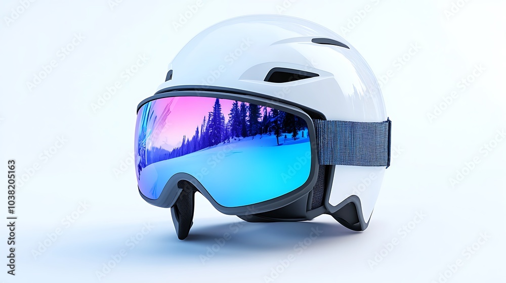 White ski helmet with goggles and a winter scene reflected in the lenses.