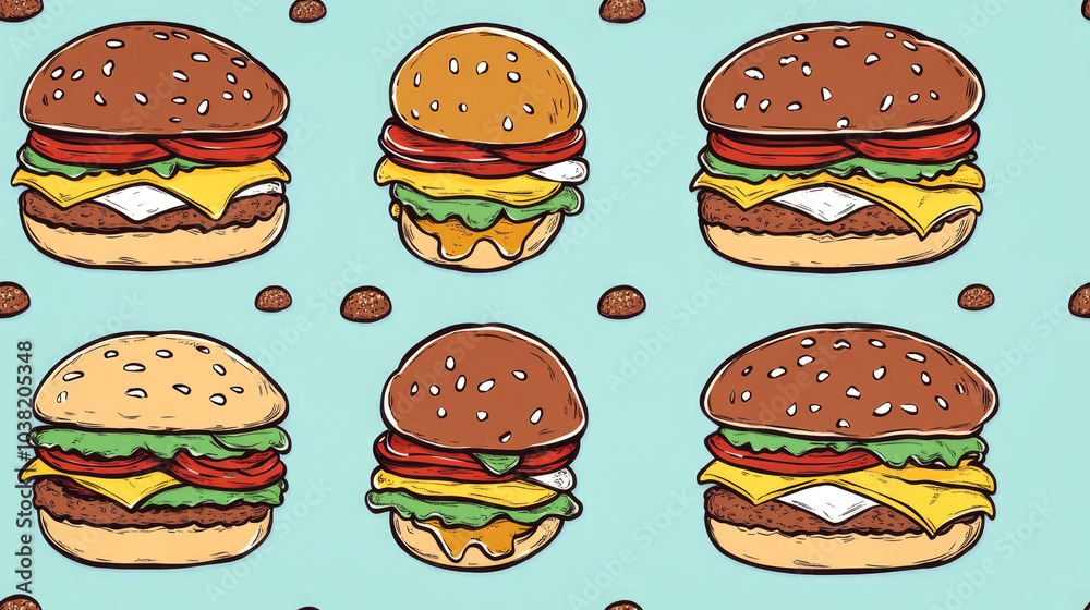 Seamless pattern of six cartoon hamburgers with sesame seed buns, lettuce, tomato, cheese, and a patty on a light blue background with brown dots. Seamless pattern of six cartoon hamburgers with sesame seed buns, lettuce, tomato, cheese, and a patty on a light blue background with brown dots.