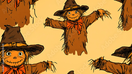 Seamless pattern of scarecrows with wide-brimmed hats and red bows, on a yellow background. photo