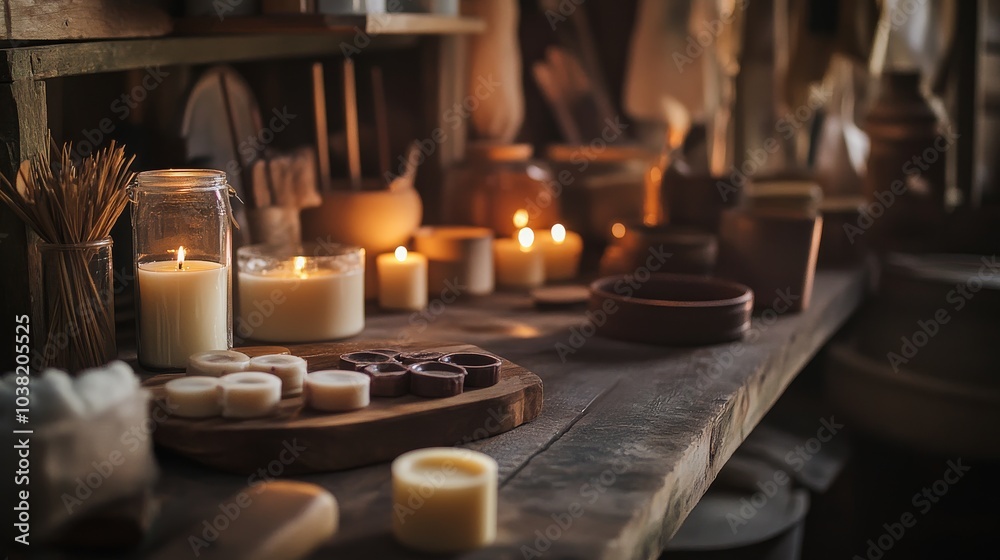 A cozy candle-making station in a rustic cabin, Wax and molds meticulously organized, Warm and inviting style A cozy candle-making station in a rustic cabin, Wax and molds meticulously organized, Warm and inviting style