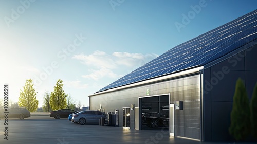Modern car repair workshop with solar panels on the roof, renewable energy integration, green technology solutions,