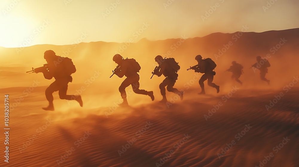 Silhouettes of soldiers running through a desert during sunset. Silhouettes of soldiers running through a desert during sunset.