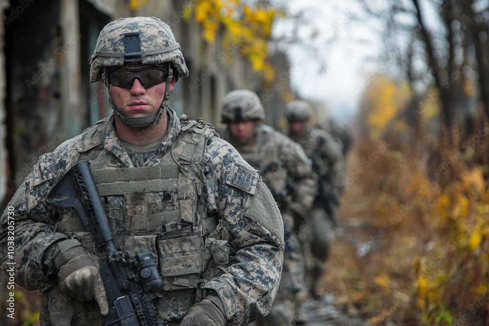 Fototapeta premium Soldier holding rifle leading squad in forest