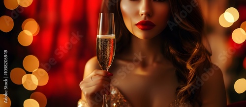 A woman holds a sparkling glass of champagne close to her lips, her vibrant red lipstick matching the warm and glowing background lights. 