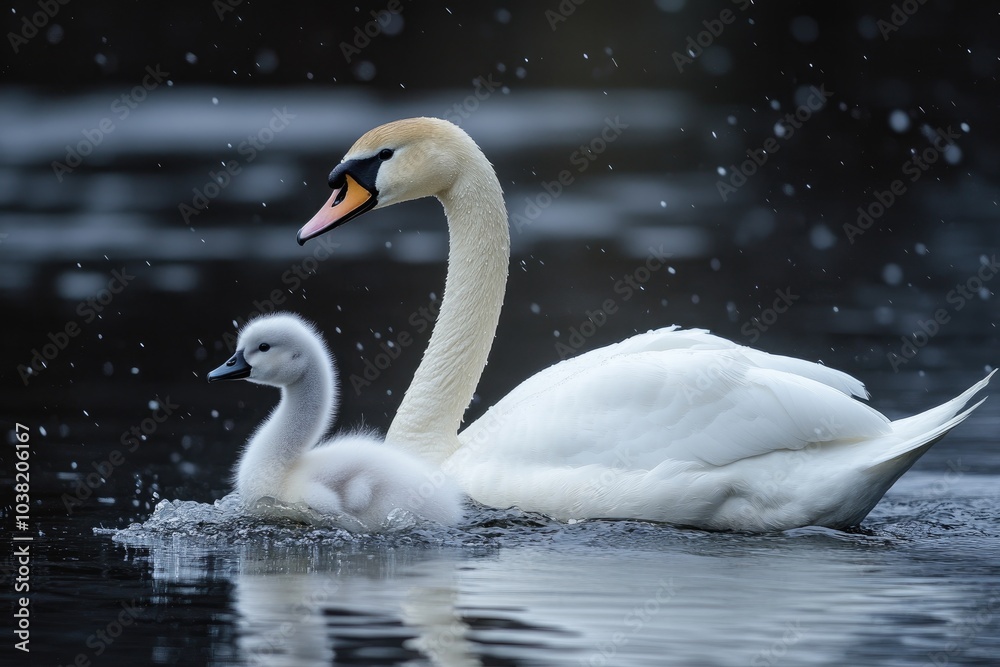 Fototapeta premium Mute swan and cygnet swimming on lake in snowfall