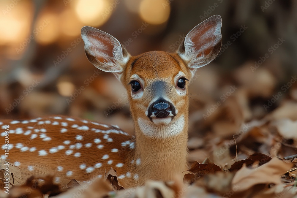 White-tailed deer fawn lying in autumn leaves White-tailed deer fawn lying in autumn leaves
