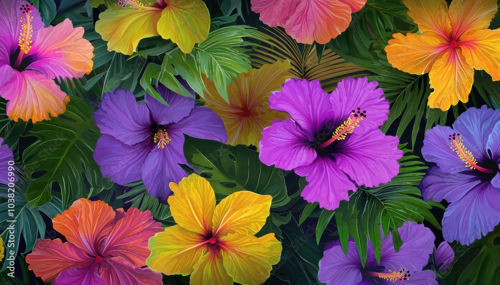 A vibrant array of hibiscus flowers in various colors, surrounded by lush green foliage, creating a tropical and lively atmosphere. A vibrant array of hibiscus flowers in various colors, surrounded by lush green foliage, creating a tropical and lively atmosphere.