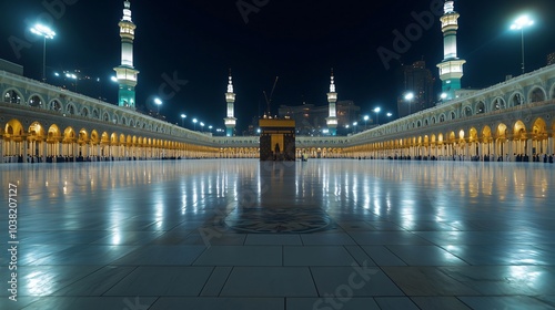 Pilgrims praying around kaaba in mecca masjid al-haram at night photo