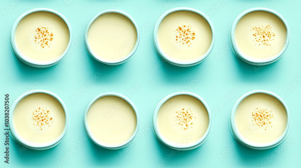 Top view of eight small round containers with light yellow cream and gold flecks on a teal background.
