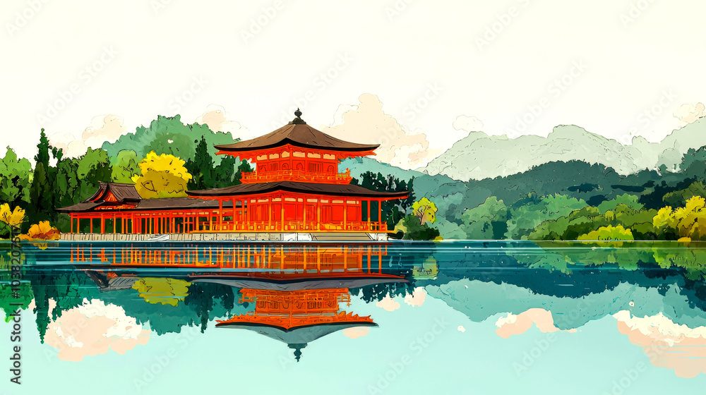 Traditional Japanese temple with red roof and wooden construction reflecting on calm water surface with mountains and trees in the background. Traditional Japanese temple with red roof and wooden construction reflecting on calm water surface with mountains and trees in the background.