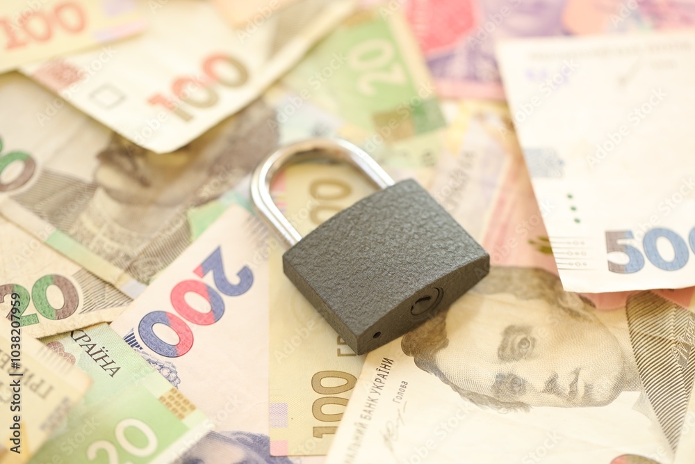 Many ukrainian money bills and small black padlock. Many ukrainian money bills and small black padlock.
