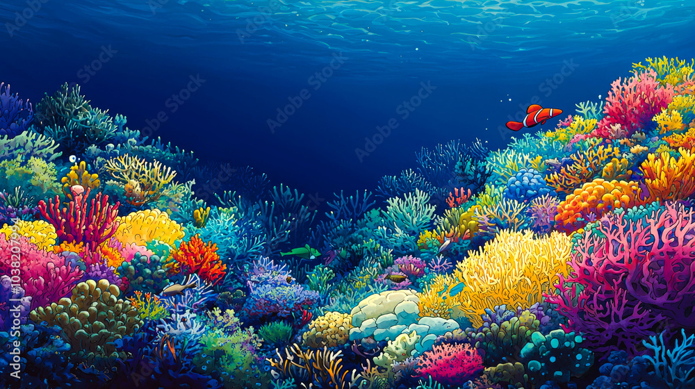 Fototapeta premium Vibrant coral reef teeming with colorful fish and marine life, underwater scene.