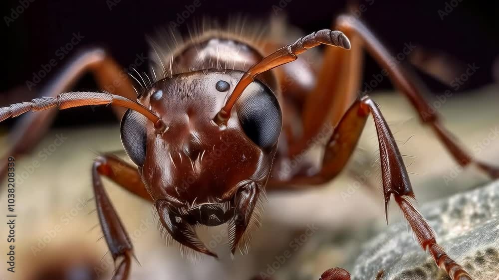 Close up of red ant on brown surface, showing detailed anatomy and textured exoskeleton. Segmented legs and antennae visible