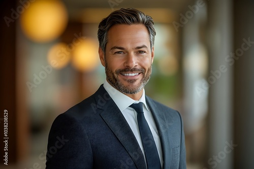 Confident Businessman with Beard and Tie Smiling in Office Building