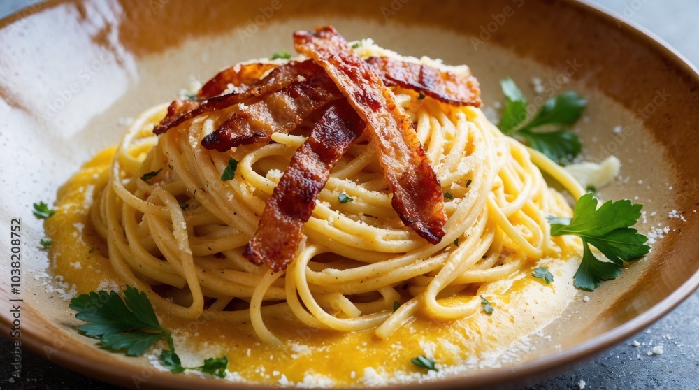 pasta dish with spaghetti carbonara and crispy bacon. pasta dish with spaghetti carbonara and crispy bacon.
